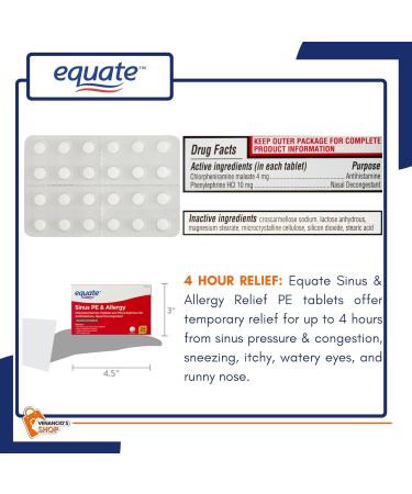 Equate Sinus & Allergy Relief PE Tablets - Maximum Strength Antihistamine & Decongestant - 4 Hour Allergy Medication - 72 Count (Pack of 3) + Bonus Venancio Sfridge Sticker - Buy Online on GoSupps.com