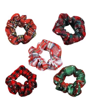 Christmas Hair Accessories Bobbles Glitter Sequin Xmas Scrunchies Elastic Ponytail Holder for Girls Women Bands Red+Green Hair Scrunchie Cute Premium Kids And Adults Wearable Tiara Tinsel (5PCS)
