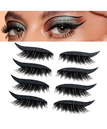 False Eyelashes Eyeliner Stickers 4 Pairs Reusable Adhesive Eyelashes & Eyeliner Stickers 2 in 1 Eye Glitter Shiny Makeup Reusable Eyelashes Eyeliner Sticker for Party Festivals Black