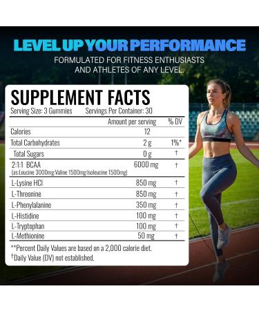 EAA Gummies - 2:1:1 BCAA Formula (8300mg) - Essential Amino Acids for Muscle Recovery & Endurance - Non-GMO Gluten Free Sugar Free Vegetarian Blue Raspberry Flavor - 90 Count - Buy Online on GoSupps.com