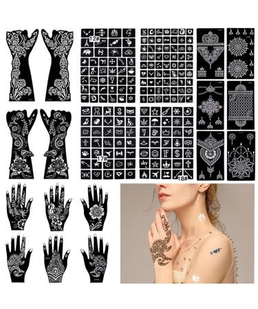 20 Sheets Henna Stencils Glitter Tattoo Kit 191Pcs Arabian Temporary Tattoo Stencils Tattoo Stickers for Face Body Paint