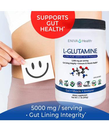 Eniva Health L-Glutamine Pure Powder 1.1 lbs - 101 Servings | Plant-Based Vegan Formula | Non-GMO, Gluten-Free | Supports GI Health, Muscle Recovery, Immune System | USA Made - Buy Online on GoSupps.com