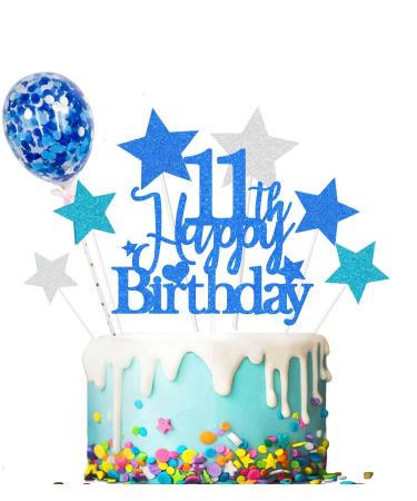 Elicola 11th Birthday Cake Toppers Blue Happy 11th Happy Birthday Cake Topper Glitter with Star Topper and Confetti Balloons for Eleven Years Old Mens Boys Birthday Party Decoration Supplies