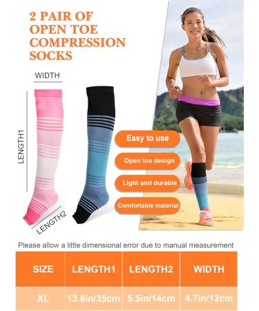 Shop Geyoga 15-25 mmHg Open Toe Compression Socks - Toeless Calf Support for Men & Women | Large Size 2 Pairs - Pink White & Blue Black - Buy Online on GoSupps.com