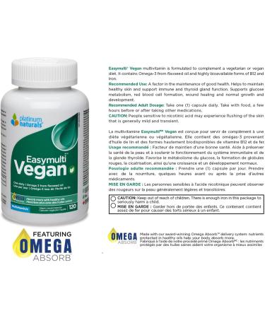 Platinum Naturals Easymulti Vegan 120 Vegan Liquid Capsules - Complete Multivitamin for Men & Women Includes Omega 3 Flaxseed Oil Enriched with B1 B2 B3 B5 B6 B12 Vitamin C Iron & Zinc 120 count (Pack of 1) - Buy Online on GoSupps.com