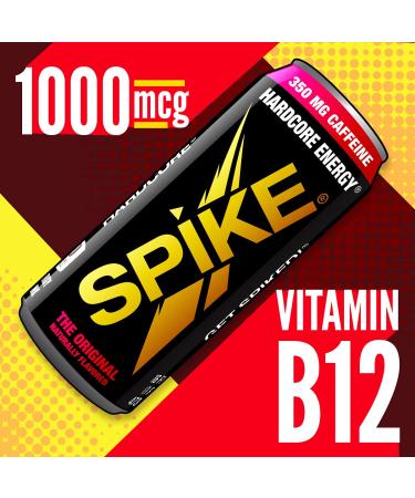 Spike Hardcore Energy Drink Original Flavor - 350 mg Caffeine  800 mg Beta-Alanine  1000 mcg Vitamin B12 - Sugar Free  Almost Zero Calories - Pre-Workout Brain Booster - 16 oz (Pack of 12) The Original - Buy Online on GoSupps.com