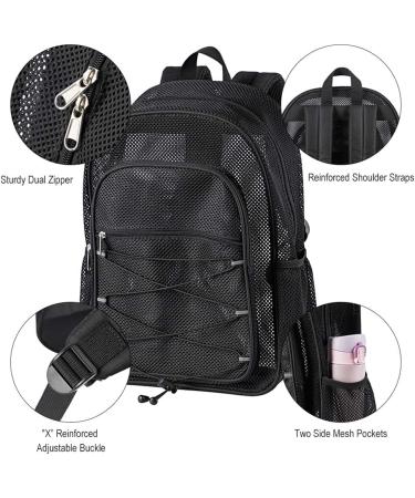 Heavy Duty Mesh Backpack - Semi-Transparent College Student Bookbag with Bungee and Padded Straps for Commuting, Swimming, Beach & Outdoor Sports - Black - Buy Online on GoSupps.com