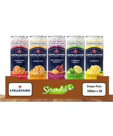 San Pellegrino Sparkling Drinks 5 Mix Flavors Orange Lemon Orange & Pomegranate Blood Orange and Lemon & Mint 330ml Pack of 30 by Serendib