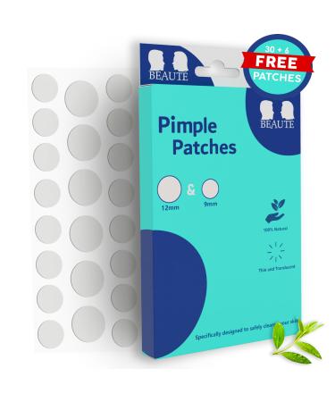 Beaut Pimple Patches 30+6 FREE Hydrocolloid Spot Treatment 2 SIZES | 9MM & 12MM Skincare For All Skin - Acne Stickers Blemish Translucent Circles For Body & Face Salicylic Acid & Tea Tree Oil