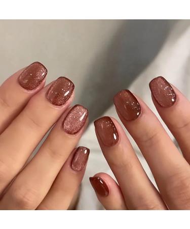 MISUD Fall Press on Nails Short Square Fake Nails Glossy Glue on Nails Bling Cat Eye Design Acrylic Nails Squoval Autumn Arificial Nails Brown Glitter Chrome Stick on False Nails 24 pcs 026A03Brown