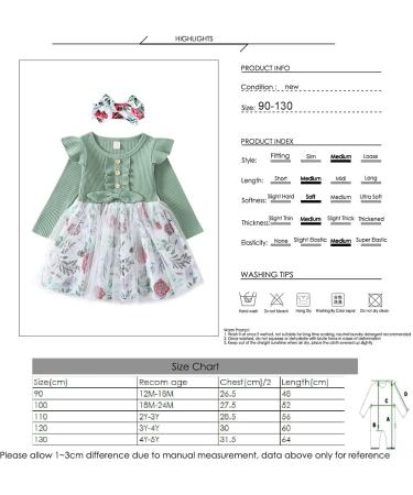 Haokaini Toddler Baby Girls Floral Dress | Long Ruffle Sleeve | Cotton Ribbed | Bow Splicing | Princess Tutu Skirt | Fall Clothes Set | 18-24 Months | Green - Buy Online on GoSupps.com