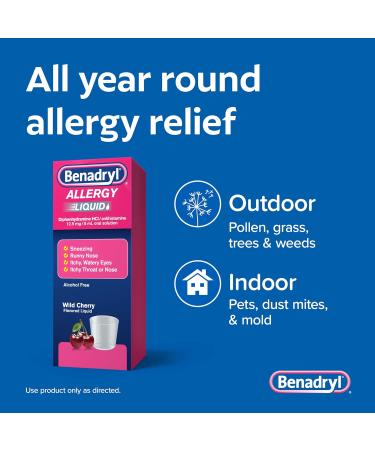 Benadryl Allergy Medicine Liquid Diphenhydramine HCl Antihistamines for Adults Alcohol-Free Hay Fever Allergy Relief for Sneezing Runny Nose Itchy & Watery Eyes Wild Cherry 4 fl oz - Buy Online on GoSupps.com