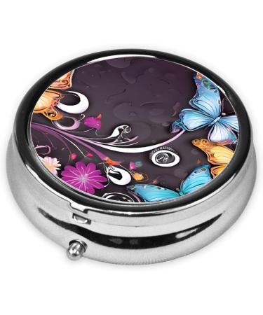 Butterflies Round Pill Box - 3 Compartment Mini Decorative Travel Organizer for Tablets Vitamins & Medicine - Buy Online on GoSupps.com
