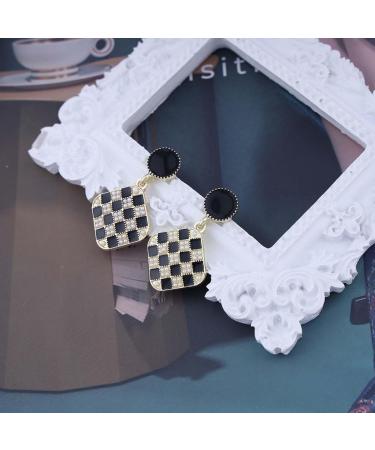 Vintage Black White Checkered Square Drop Earrings - Geometric Jewelry for Women - Stylish Black Disc Studs - Buy Online on GoSupps.com