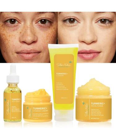 SilkNatur Turmeric+ Vitamin C Facial Kit - 4 Steps to Pure, Glowing Skin - Contains Vitamin C Cleanser, Scrub, Serum and Cream