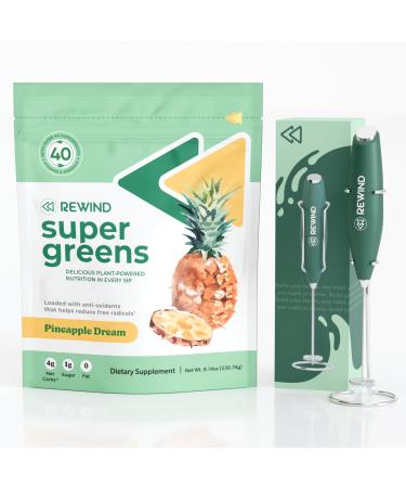 Delicious Greens Superfood Powder and Electric Whisk Bundle - Super Greens and Hand Frother - Over 40 Superfoods in Each Serving - Pineapple Dream