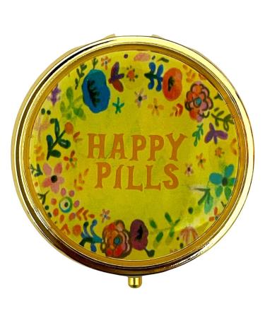 Retro Cute Pill Case Vintage Metal Pill Organizer Portable Compact Pill Box for Purse/Pocket to Hold Vitamins/Tylenol/Supplements/Fish Oil/Meds/Tablet(Happy Pills with Mirror Round) Happy Pills Case(round)