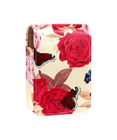 Rose and butterflies Lip gloss Holder Lipstick Case Portable Makeup Bag Travel Lipstick Organizer Case with Mirror Mini Lipstick Storage Box for Women Multi -color 9.5x2x7 cm/3.7x0.8x2.7 in