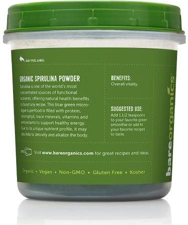 BareOrganics 13132 USDA Organic Raw Spirulina Powder - 8oz Gluten-Free & Non-GMO Whole Food Supplement - Buy Online on GoSupps.com