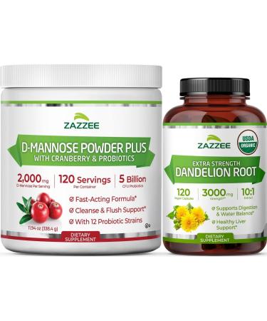 Zazzee Urinary Tract Cleanse & Detox Bundle | USDA Organic Dandelion Root Extract Capsules Plus D Mannose with Cranberry Probiotics for Women | Non-GMO Vegan & ISO Lab Tested (120 Servings Each)