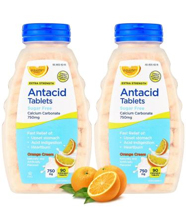 Extra Strength Sugar-Free Antacid Chewable Tablets Orange Cream Flavor - Fast Heartburn & Indigestion Relief - 750 mg 90 Ct (Pack of 2)