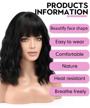 WOKESTAR Black Bob Wig with Neat Fringe - Curly Wavy Synthetic Wig for Women - Buy Online on GoSupps.com
