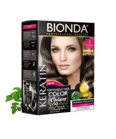 BIONDA Professional Permanent hair color Color Cream 5 Light Brown 200 ml double pack keratin & moringa care longlasting intense color with shine 100 gray coverage