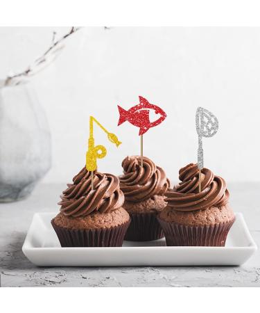 Fishing Cupcake Toppers Fish Cupcake Toppers Trammel/Fishing Net/Fishing Rod Sign Dessert Picks Fisher Fisherman Birthday Party Decoration - Green & Gold Glitter - Buy Online on GoSupps.com