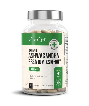 Organic Ashwagandha KSM-66 Capsules - 550mg (Highly Concentrated 10:1 Extract Ratio Equivalent to 5500mg) - with 5% Withanolides - 90 Vegan Capsules - Natural Ayurveda - Made in UK by VitaBright