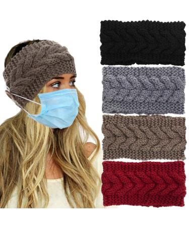 VEEJION 4 Pieces Women Knitted Headbands Winter Warm Twisted Headband with Buttons for Face Mask Cover Cold Weather Head Wrap Hair Bands for Ear Warmer Gifts Color-A
