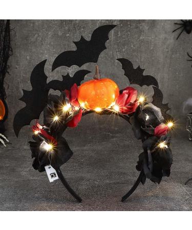 Vakkery Light Up Halloween Pumpkin Headband LED Flower Headbands Black Bat Decoration Headdress Glowing Halloween Party Festival Hair Accessories for Women and Girls