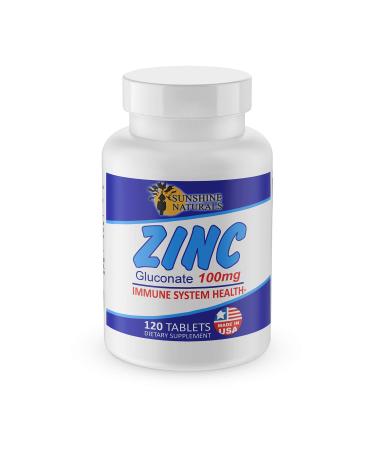 Sunshine Naturals Zinc Gluconate Mineral Dietary Supplement. Immune System Support. High in Antioxidants. Promotes Healthy Aging. 100mg. 120 Tablets