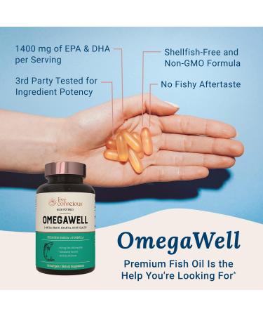 Live Conscious OmegaWell Fish Oil: Heart, Brain, and Joint Support | 800 mg EPA 600 mg DHA - Enteric-Coated, Sustainably Sourced - Easy to Swallow 120 Count (2-Pack) 60 Count (Pack of 2) - Buy Online on GoSupps.com