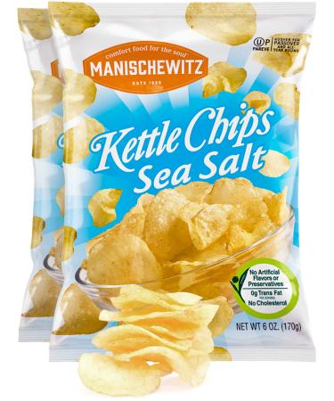 Manischewitz Kettle Cooked Sea Salt Potato Chips 6oz (2 Pack) No MSG Kosher for Year Round use Including Passover