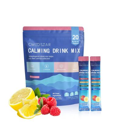 CMEDSTAR Calming Powdered Drink Mix Cortisol Supplement for Relaxation Focus & Stress Support Raspberry Lemonade 20 Packets Magnesium Glycinate L-Theanine Ashwagandha Vitamin D3 Sugar Free