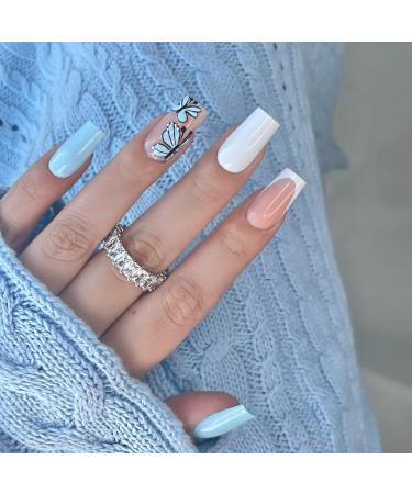 24PCS Fake Nails French False Nails Long - Square False Nails with Glue Press on Nails - Full Cover Acrylic - French Fake Nails Stick on Nails for Women and Girls Nail Art(White French Butterfly)