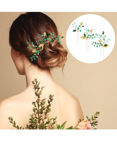 Lusofie 3Pcs Emerald Green Rhinestone Bridal Hair Pins | Gold Flower Leaves Wedding Hair Piece for Women Girls - Buy Online on GoSupps.com
