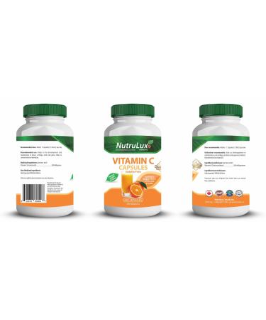 NutruLux Vitamin C (500 mg) Halal Vegan Gelatin-Free Capsules for Daily Immune Support - Essential Vitamin C Supplement for Wellness - Nutrient-Rich C Pills with 500 mg Vitamin C - Halal Vitamin C Capsules with No Gelatin 180 Capsules (Pack of 3)