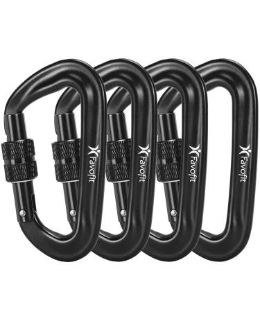 Favofit Locking Carabiner Clips, 4 Pack, 12KN (2697 lbs Each) Heavy Duty Caribeaners for Camping, Hiking, Outdoor & Gym etc, Small Carabiners for Dog Leash & Harness Black