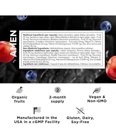 Amen Vitamin D3 K2 & Zinc Supplement - 2-Month Supply - Immune & Bone Health Energy Metabolism Skin & Tissue Support Whole Food With Apple Blueberry Cranberry Elderberry - Non-GMO - 60 Capsules - Buy Online on GoSupps.com