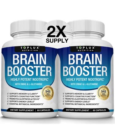 Brain Supplement Nootropic Booster  Brain Pills Vitamin for Focus, Memory, Clarity, Energy & Better Concentration, with DMAE, Bacopa Monnieri, L-Gutamine, For Men Women, 60 Capsules, Toplux Nutrition Two