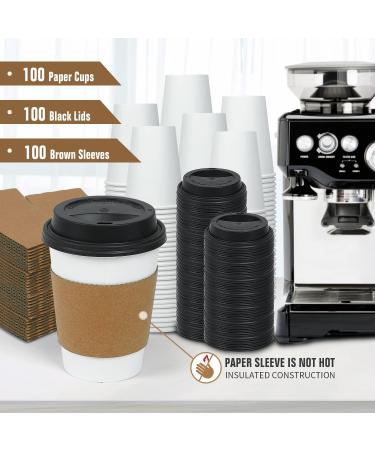 Ginkgo 12 oz Disposable Paper Coffee Cups - 100 Pack | Includes Lids and Sleeves | Ideal for Home, Office, Wedding, and Cafes | White/Brown/Black - Buy Online on GoSupps.com