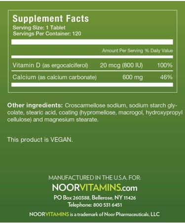 Noor Vitamins Halal Calcium + Vitamin D | Bone & Immune Support | 600mg Calcium | 800 IU D2 | Non-GMO Vegan & Halal | 120 Tablets - Buy Online on GoSupps.com