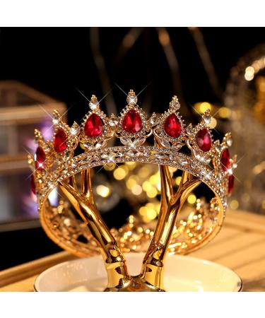Vintage Royal Queen Teardrop Rhinestone Diadem Tiaras Crown - Gold Red | Wedding Hair Jewelry - Buy Online on GoSupps.com
