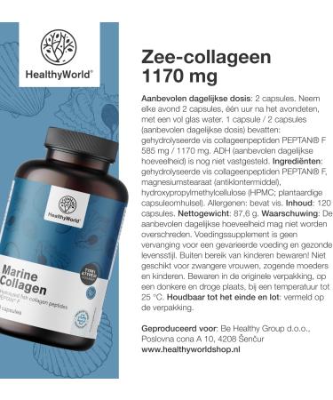 Be Healthy Group doo Marine collagen High concentration 1170 mg per daily dose 120 vegetable capsules Hydrolyzed fish collagen types I and III 2 months supply For Hair Nails and Skin - Buy Online on GoSupps.com