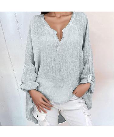 Womens Linen Shirt Oversized Blouse Summer Long Sleeve Lapel Button Casual Tee Shirts V Neck Loose Fit Business Office Henley Tops 1687-qppoj-grey-a 5XL - Buy Online on GoSupps.com