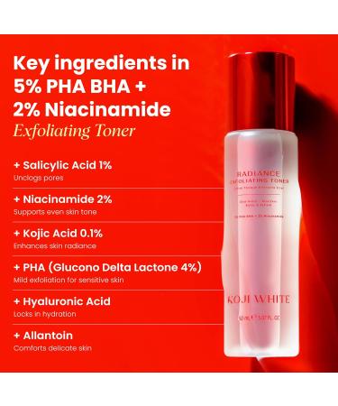 Koji White Exfoliating Toner for Face, 5% PHA BHA Toner | 2% Niacinamide, Kojic Acid & Hyaluronic Acid | Hydrating & Soothing Facial Toner | Unscented for Sensitive Skin, Vegan Skincare, 5.07 Fl Oz - Buy Online on GoSupps.com