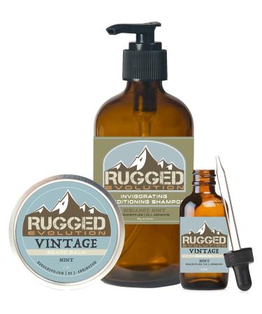 Vintage (Mint Scented) - Strong Strength Premium Beard Care Combo Package Daily Man - Facial Hair Care Balm Beard Oil & Shampoo - Great Gift Idea (3 Piece Set)