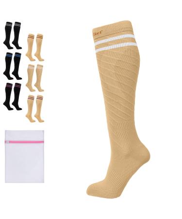 360 RELIEF - Flight Compression Socks Supports | Blood Circulation Travel Work S-M Beige with 2 White lines