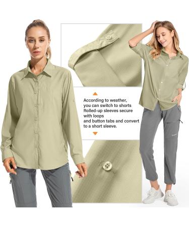 Women's UPF 50+ Long Sleeve Safari Shirt for Hiking & Fishing - Sun Protection, Quick Dry & Cooling - Khaki Small - Buy Online on GoSupps.com